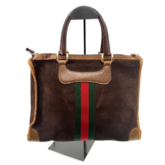 Gucci Vintage Brown Suede Web Top Handle Bag With D Rings - Picture 1 of 9